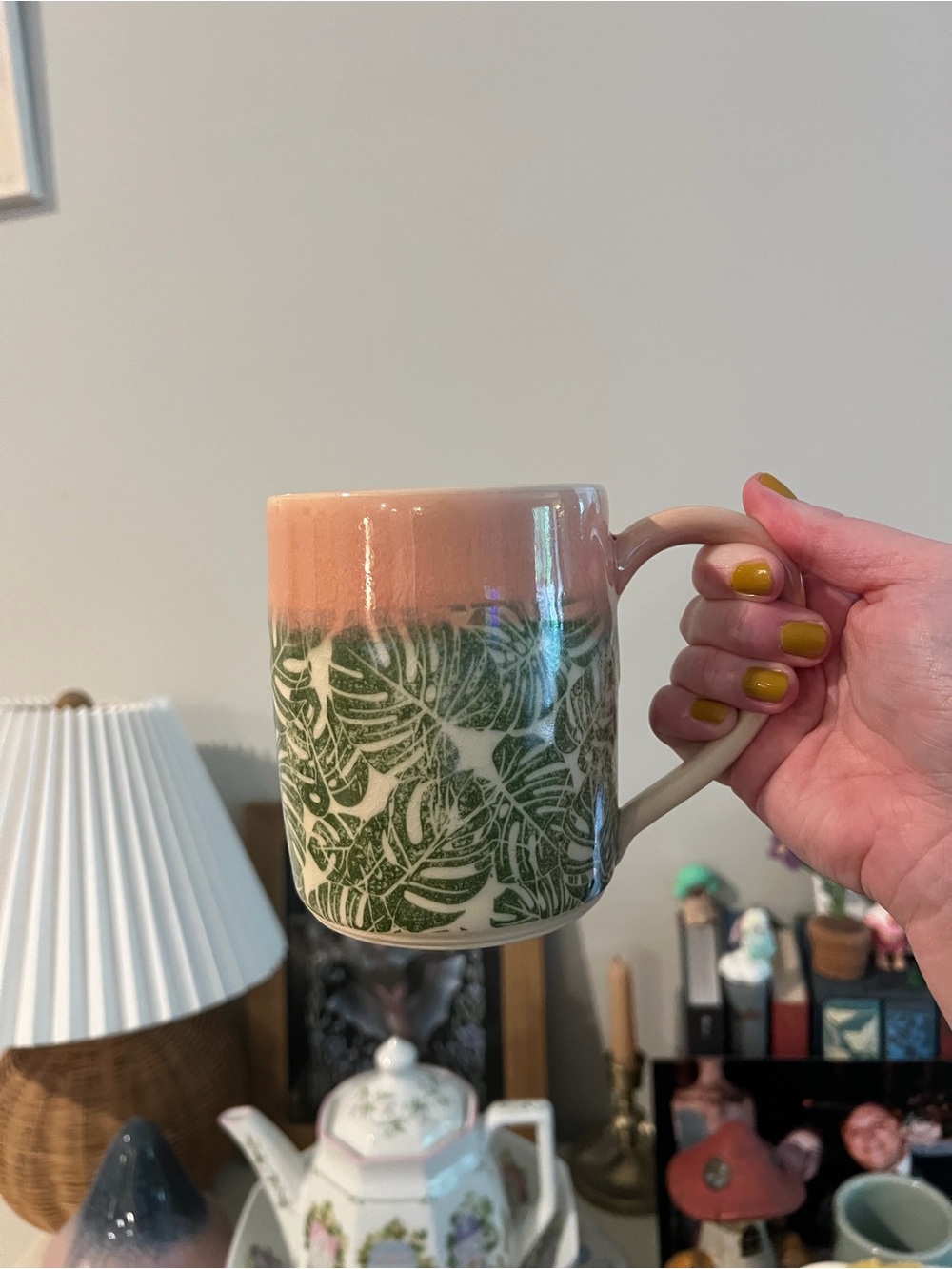 Botanical Ceramic Mug - Pink Rim with Green Leaf Pattern